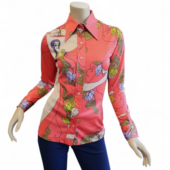 Vintage 1970s Lady Manhattan Novelty Print Shirt * Coral Geisha & Lotus Design - Picture 1 of 13